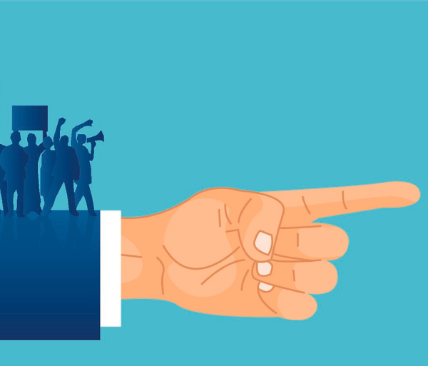 Cartoon image of a finger pointing and lobbyists protesting on the arm