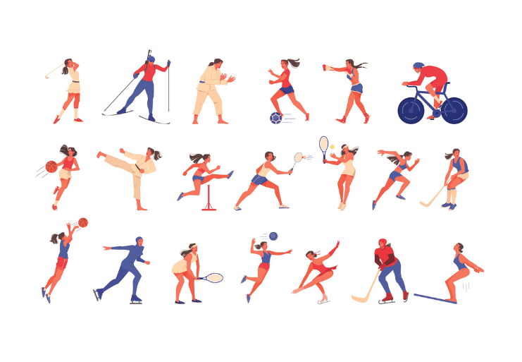 Cartoon women playing a diverse range of sport.
